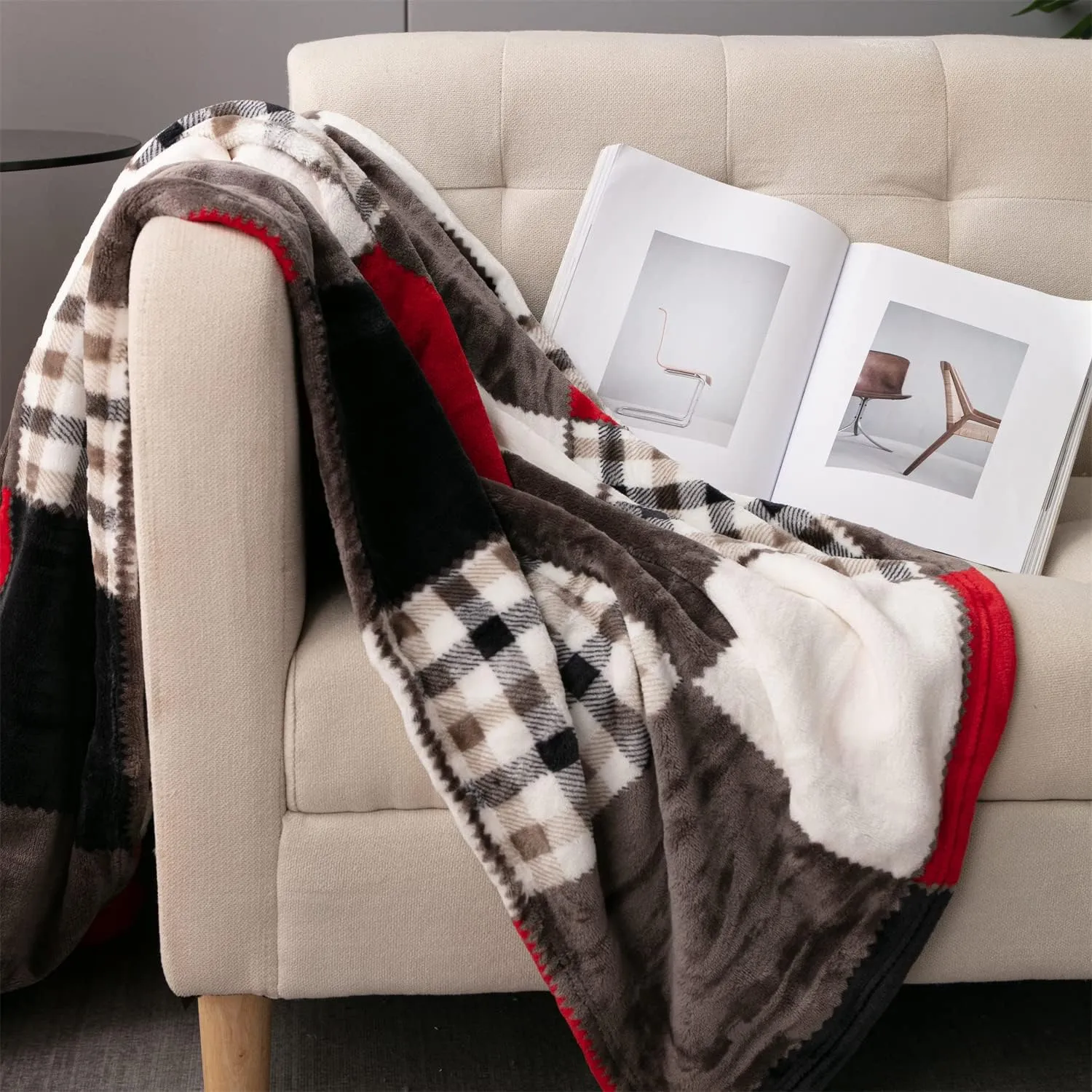 Tache Holiday Red Farmhouse Super Soft Plaid Patchwork Plush Lightweight Decorative Couch Travel, Lap, Bed Throw Blanket 90x90, Full Queen Size