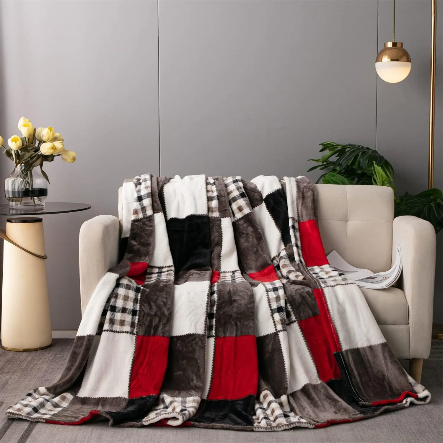Tache Holiday Red Farmhouse Super Soft Plaid Patchwork Plush Lightweight Decorative Couch Travel, Lap, Bed Throw Blanket 90x90, Full Queen Size