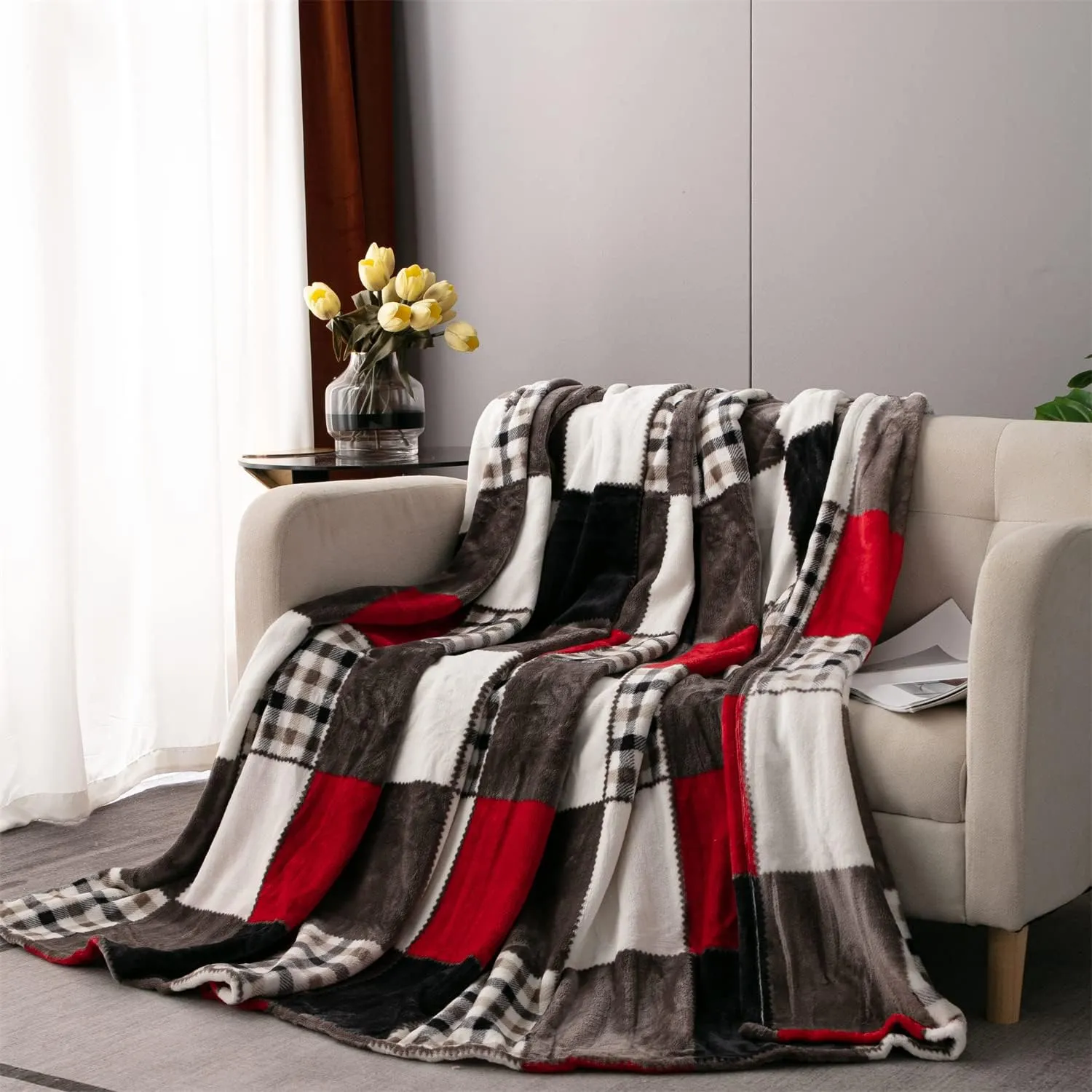 Tache Holiday Red Farmhouse Super Soft Plaid Patchwork Plush Lightweight Decorative Couch Travel, Lap, Bed Throw Blanket 90x90, Full Queen Size