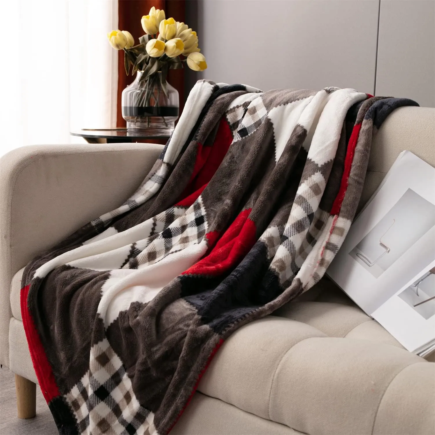 Tache Holiday Red Farmhouse Super Soft Plaid Patchwork Plush Lightweight Decorative Couch Travel, Lap, Bed Throw Blanket 90x90, Full Queen Size