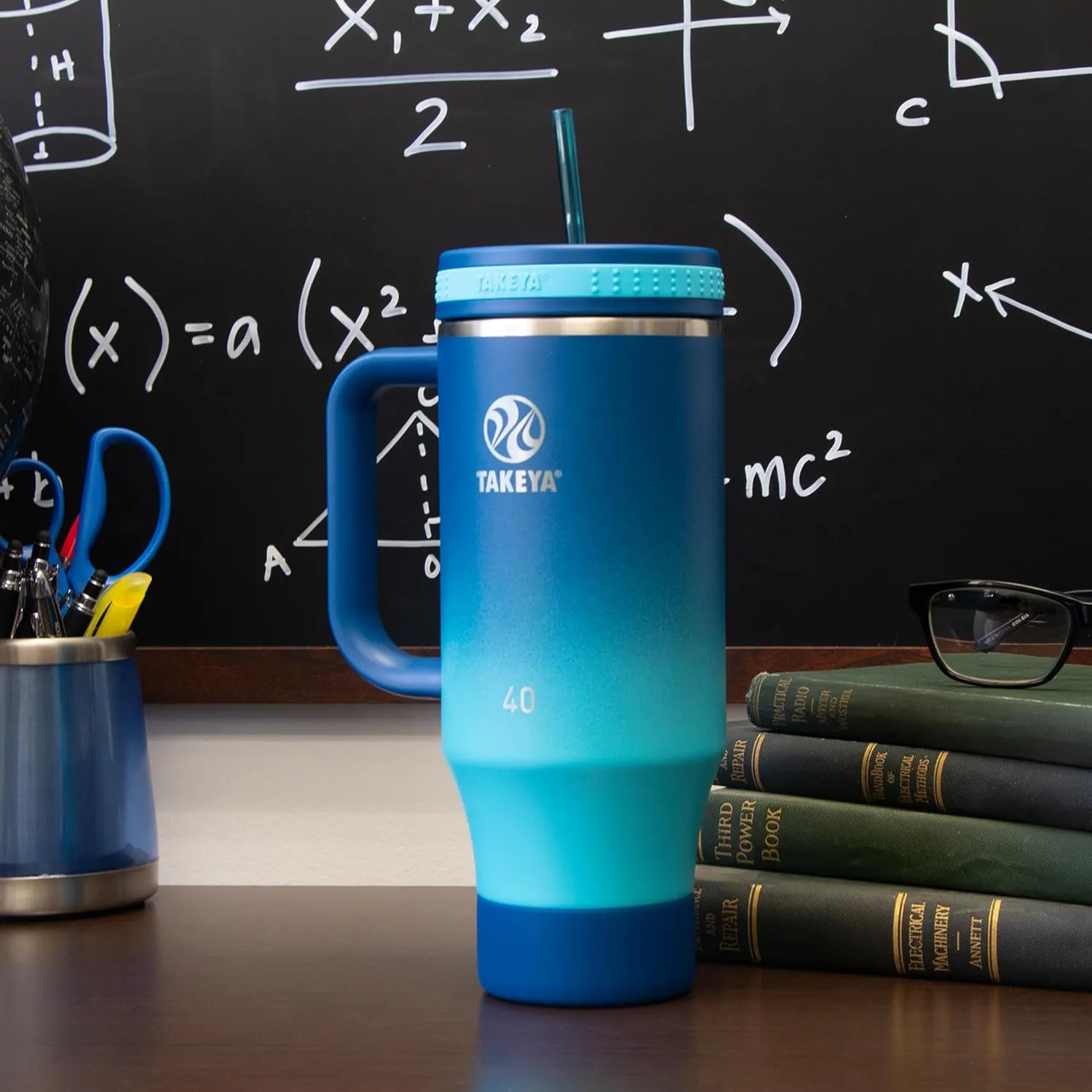 Takeya Straw Tumbler with Handle - Beverage Tumbler for Coffee, Water & More - Durable Tumbler with Built-In Silicone Coaster & 2 Straws - Double Stainless Steel Insulation - 40 oz, Ombre Adventure