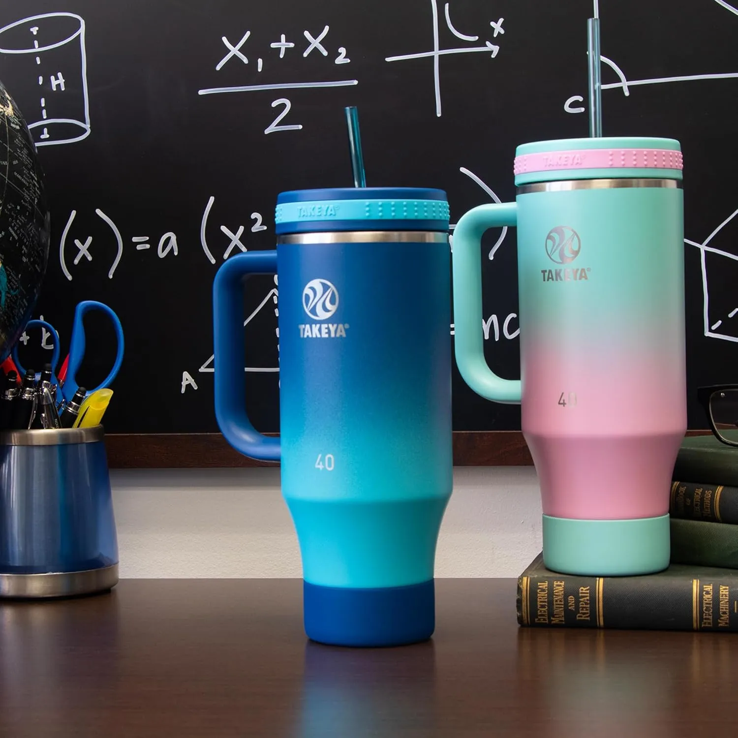 Takeya Straw Tumbler with Handle - Beverage Tumbler for Coffee, Water & More - Durable Tumbler with Built-In Silicone Coaster & 2 Straws - Double Stainless Steel Insulation - 40 oz, Ombre Adventure