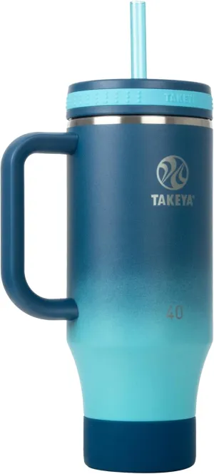 Takeya Straw Tumbler with Handle - Beverage Tumbler for Coffee, Water & More - Durable Tumbler with Built-In Silicone Coaster & 2 Straws - Double Stainless Steel Insulation - 40 oz, Ombre Adventure