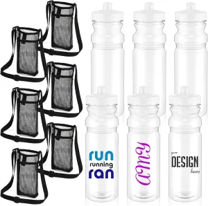 Talltalk 6 Pcs 25 oz Bulk Water Sports Bottles for Kids DIY Squeeze Reusable Plastic with Mesh Adjustable Shoulder, Reusable Transparent Bottles Holder with Adjustable Strap Carrier for Boys Girls