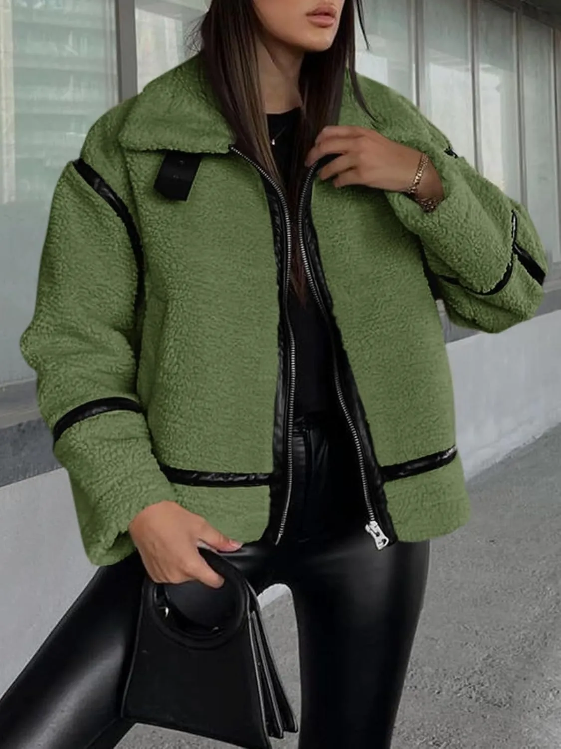Tankaneo Womens Faux Fur Jackets Winter Trendy Sherpa Moto Leather Patchwork Zip Up Coat