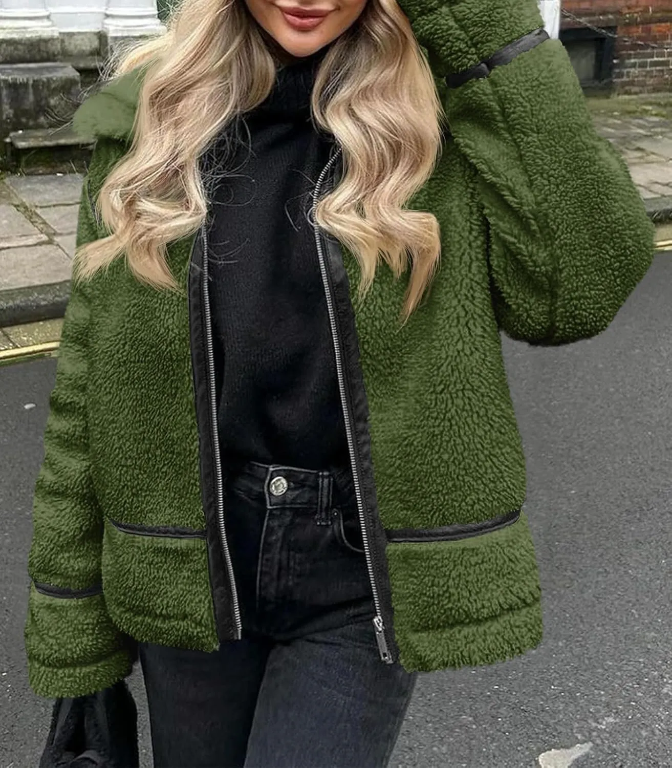Tankaneo Womens Faux Fur Jackets Winter Trendy Sherpa Moto Leather Patchwork Zip Up Coat