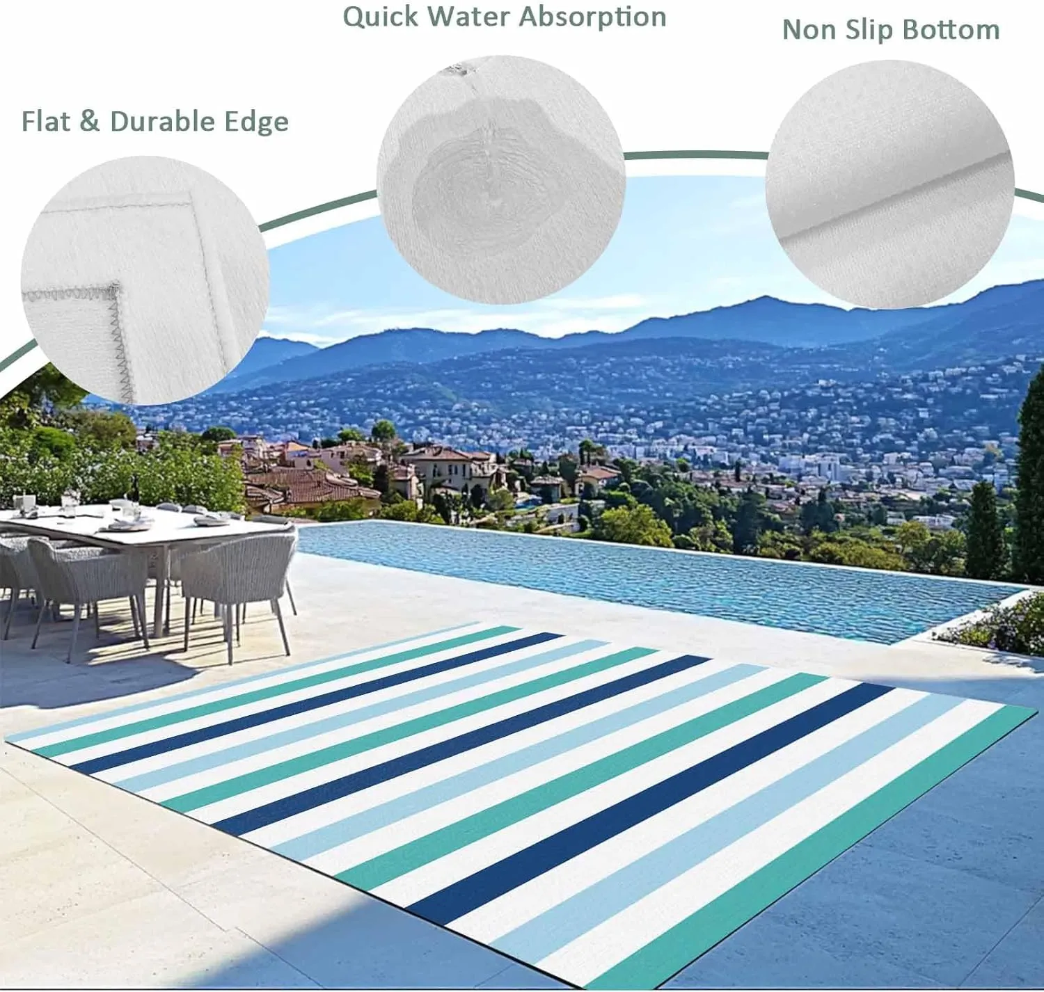 Teal Blue Stripe Outdoor Rug 6x9ft Large Patio Rug,Washable RV Camping Outside Area Runner Rug Mat,Ombre Geometric Green Vertical Striped Carpet for Picnic Backyard Deck Porch Balcony Beach & Indoor