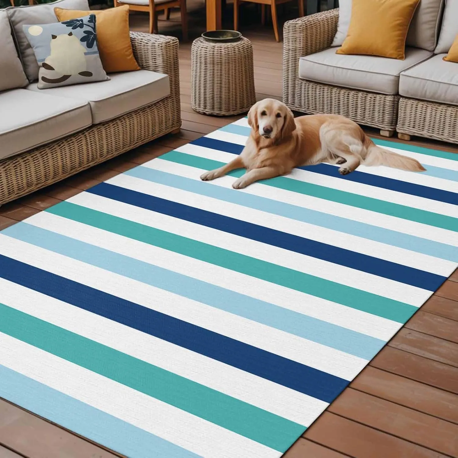 Teal Blue Stripe Outdoor Rug 6x9ft Large Patio Rug,Washable RV Camping Outside Area Runner Rug Mat,Ombre Geometric Green Vertical Striped Carpet for Picnic Backyard Deck Porch Balcony Beach & Indoor