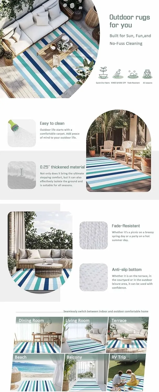 Teal Blue Stripe Outdoor Rug 6x9ft Large Patio Rug,Washable RV Camping Outside Area Runner Rug Mat,Ombre Geometric Green Vertical Striped Carpet for Picnic Backyard Deck Porch Balcony Beach & Indoor