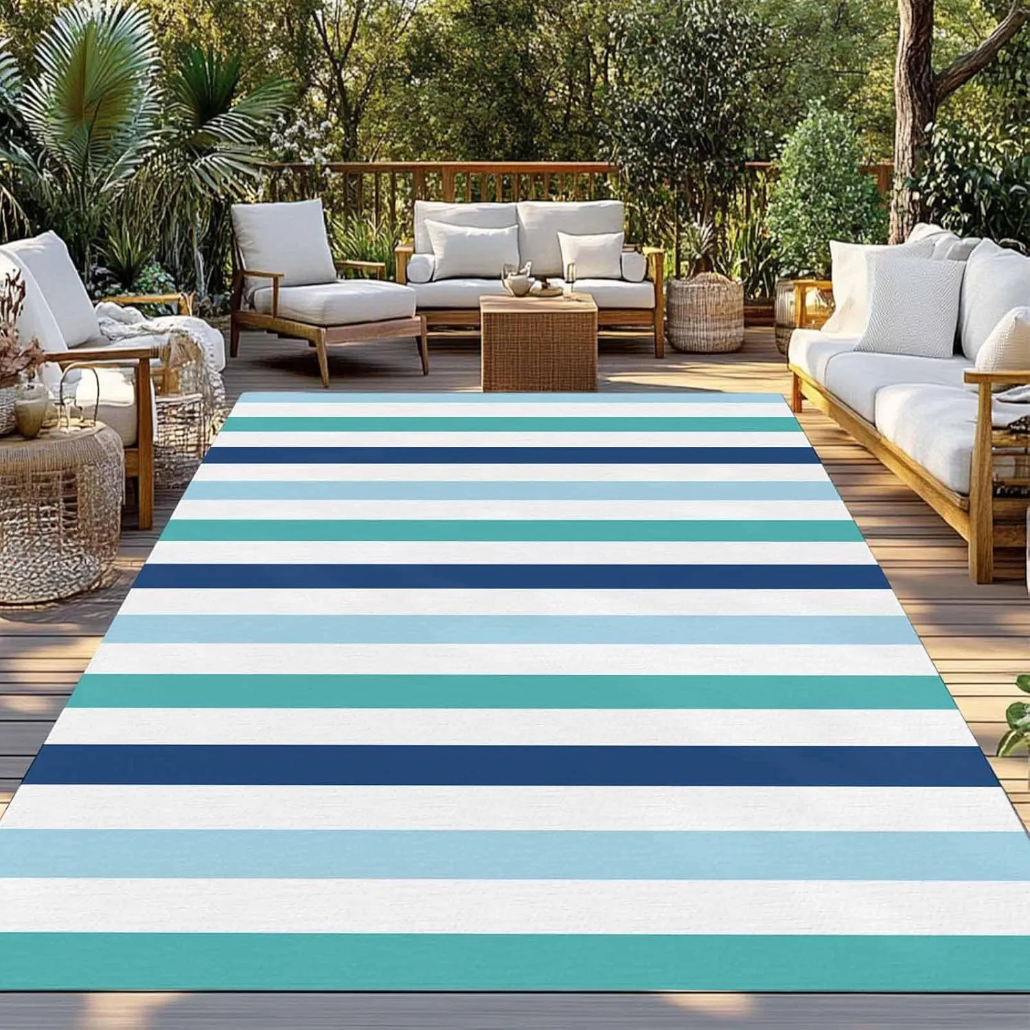 Teal Blue Stripe Outdoor Rug 6x9ft Large Patio Rug,Washable RV Camping Outside Area Runner Rug Mat,Ombre Geometric Green Vertical Striped Carpet for Picnic Backyard Deck Porch Balcony Beach & Indoor