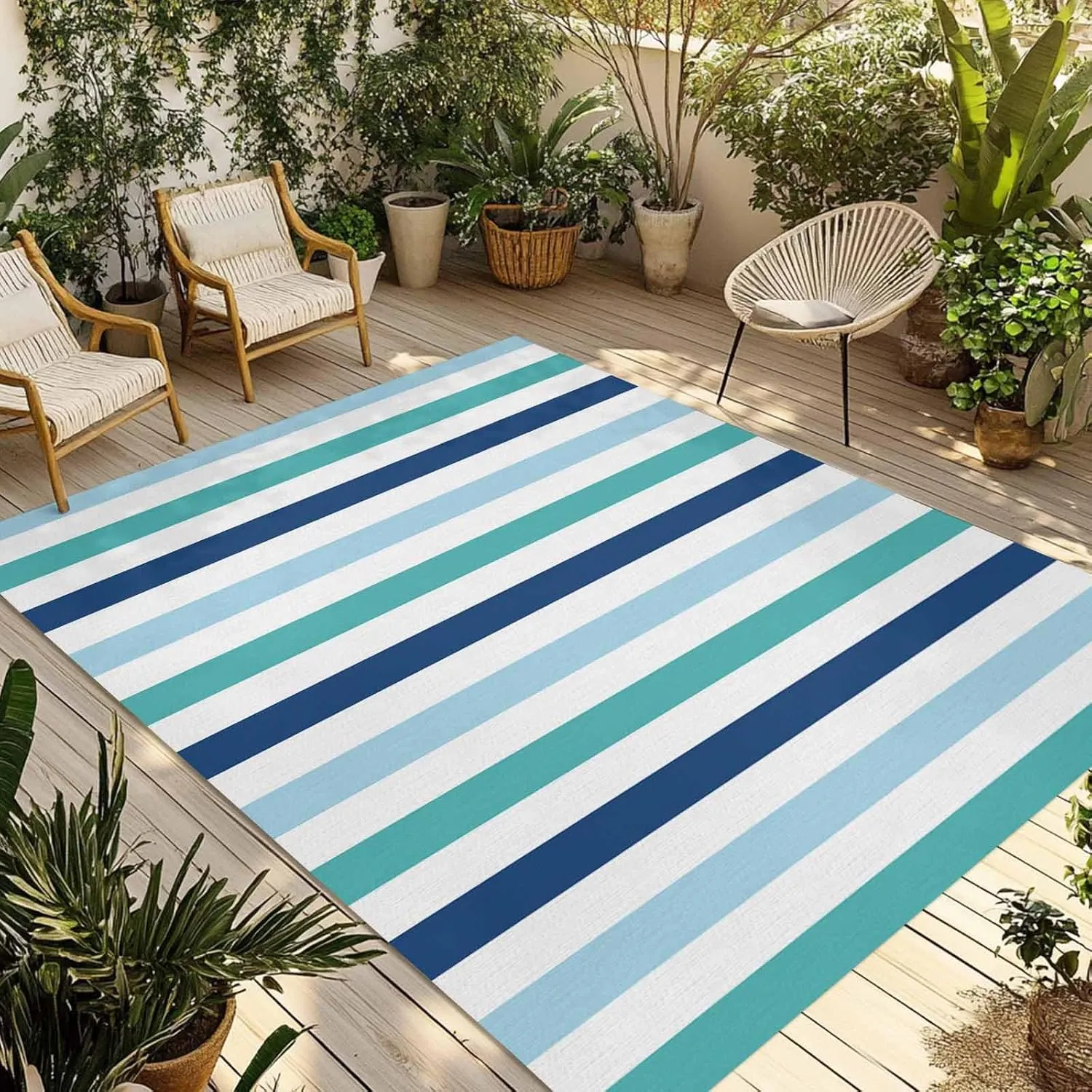 Teal Blue Stripe Outdoor Rug 6x9ft Large Patio Rug,Washable RV Camping Outside Area Runner Rug Mat,Ombre Geometric Green Vertical Striped Carpet for Picnic Backyard Deck Porch Balcony Beach & Indoor