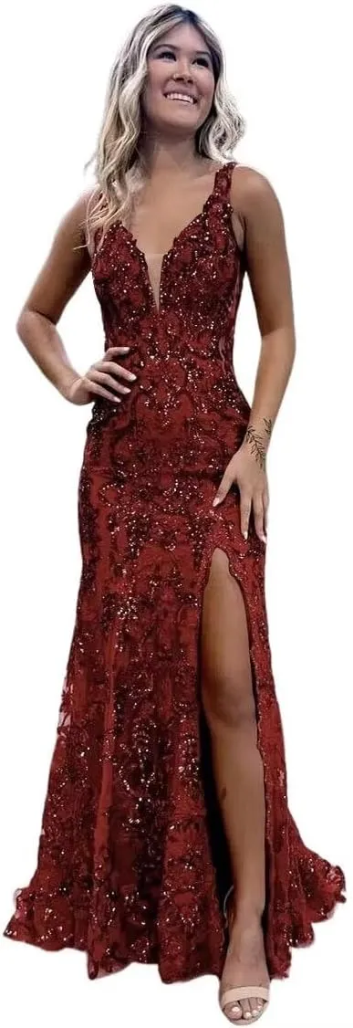 Teens' Mermaid Sequin Prom Dresses Long with Slit 2025 V Neck Lace Formal Evening Gowns VS057