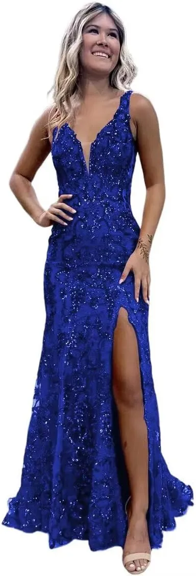 Teens' Mermaid Sequin Prom Dresses Long with Slit 2025 V Neck Lace Formal Evening Gowns VS057