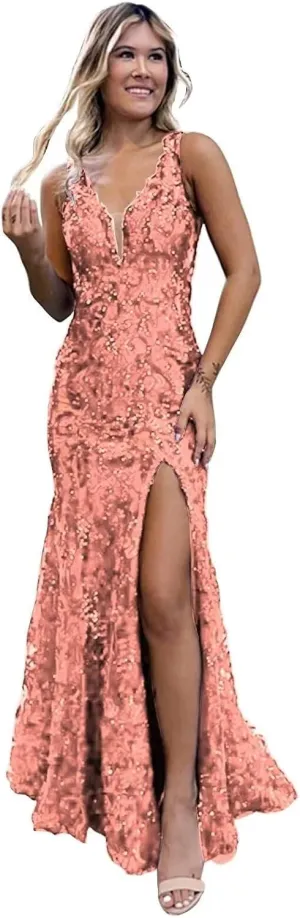 Teens' Mermaid Sequin Prom Dresses Long with Slit 2025 V Neck Lace Formal Evening Gowns VS057