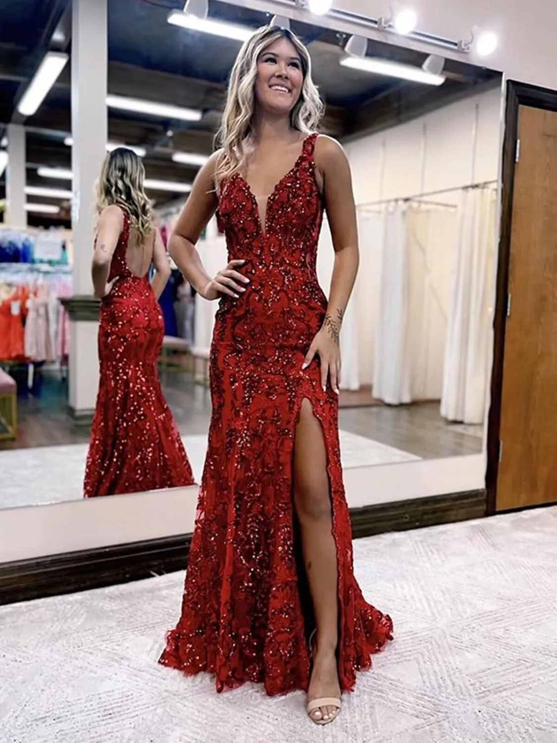 Teens' Mermaid Sequin Prom Dresses Long with Slit 2025 V Neck Lace Formal Evening Gowns VS057