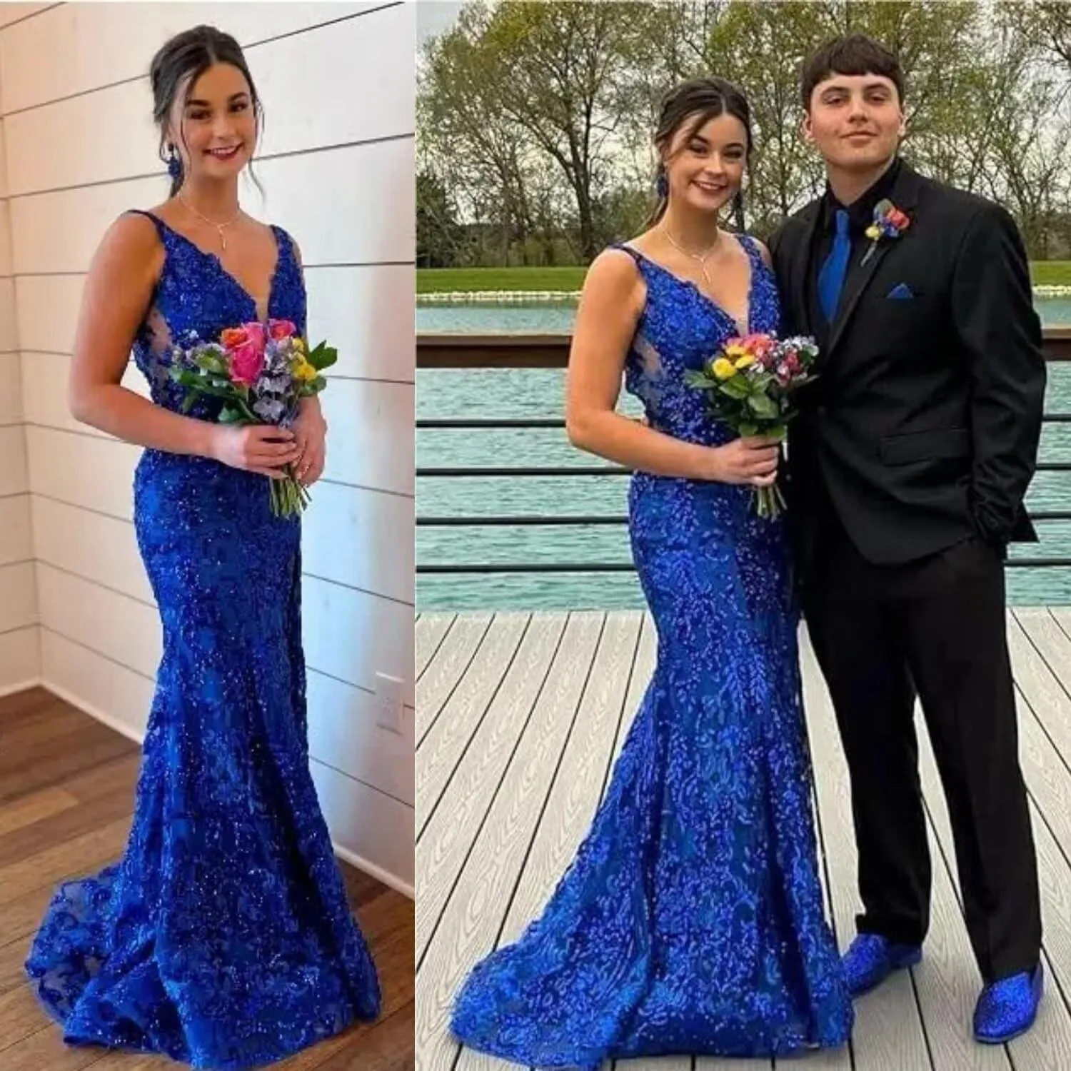 Teens' Mermaid Sequin Prom Dresses Long with Slit 2025 V Neck Lace Formal Evening Gowns VS057