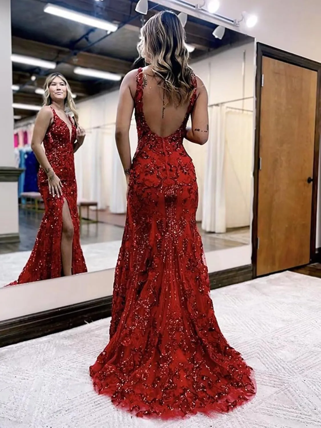 Teens' Mermaid Sequin Prom Dresses Long with Slit 2025 V Neck Lace Formal Evening Gowns VS057