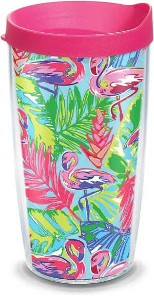 Tervis - 1316118 Tervis Bright Flamingo Pattern Insulated Tumbler with Wrap and Lid, 16 oz - Tritan, Clear, 1 Count (Pack of 1), Fuchsia