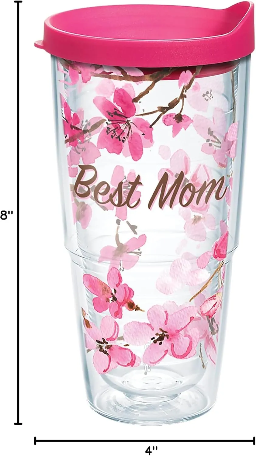 Tervis Cherry Blossom Best Mom Insulated Tumbler with Wrap and Fuschia Lid 24oz, Clear
