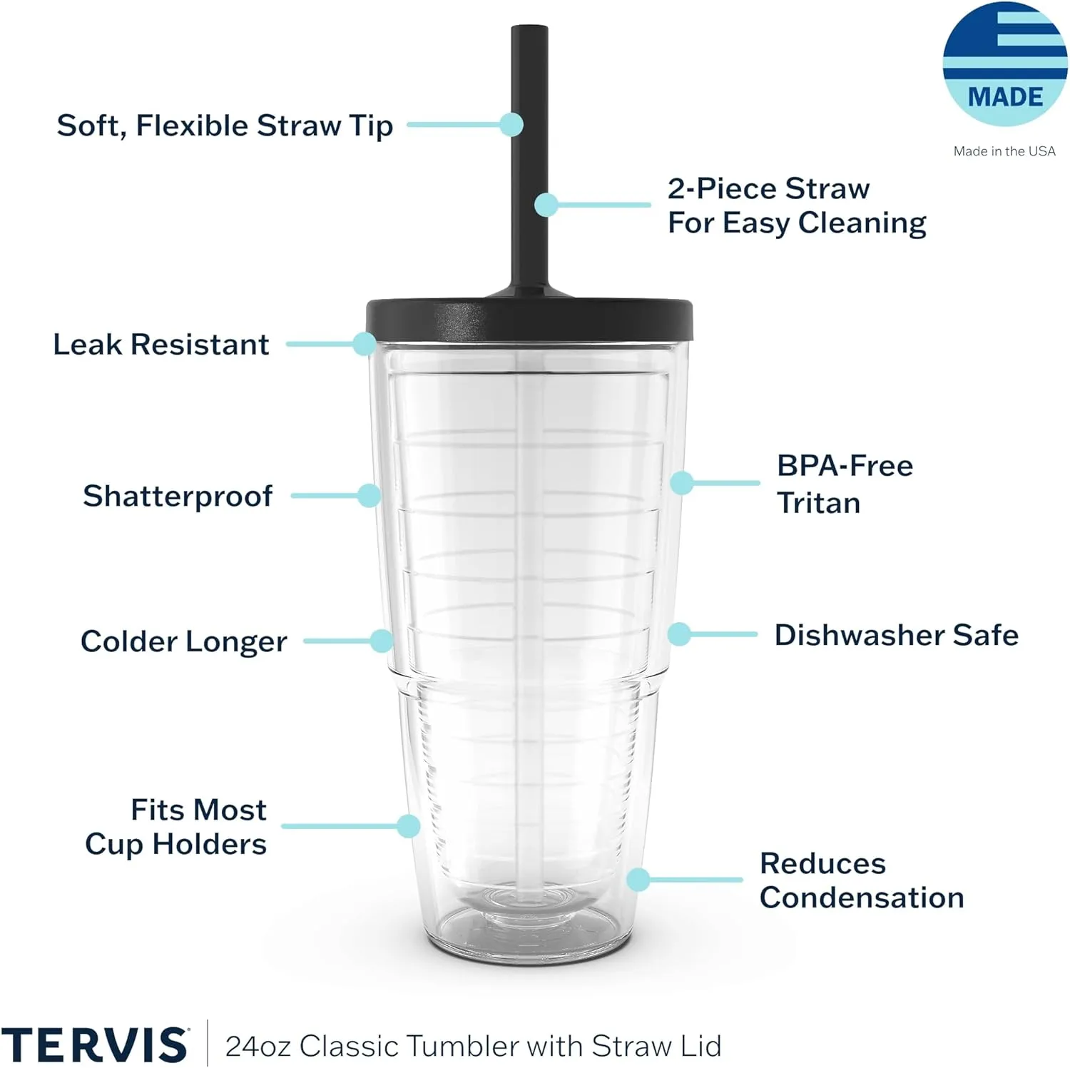 Tervis Clear & Colorful Made in USA Double Walled Insulated Tumbler Travel Cup Keeps Drinks Cold & Hot, 24oz, Black Straw Lid