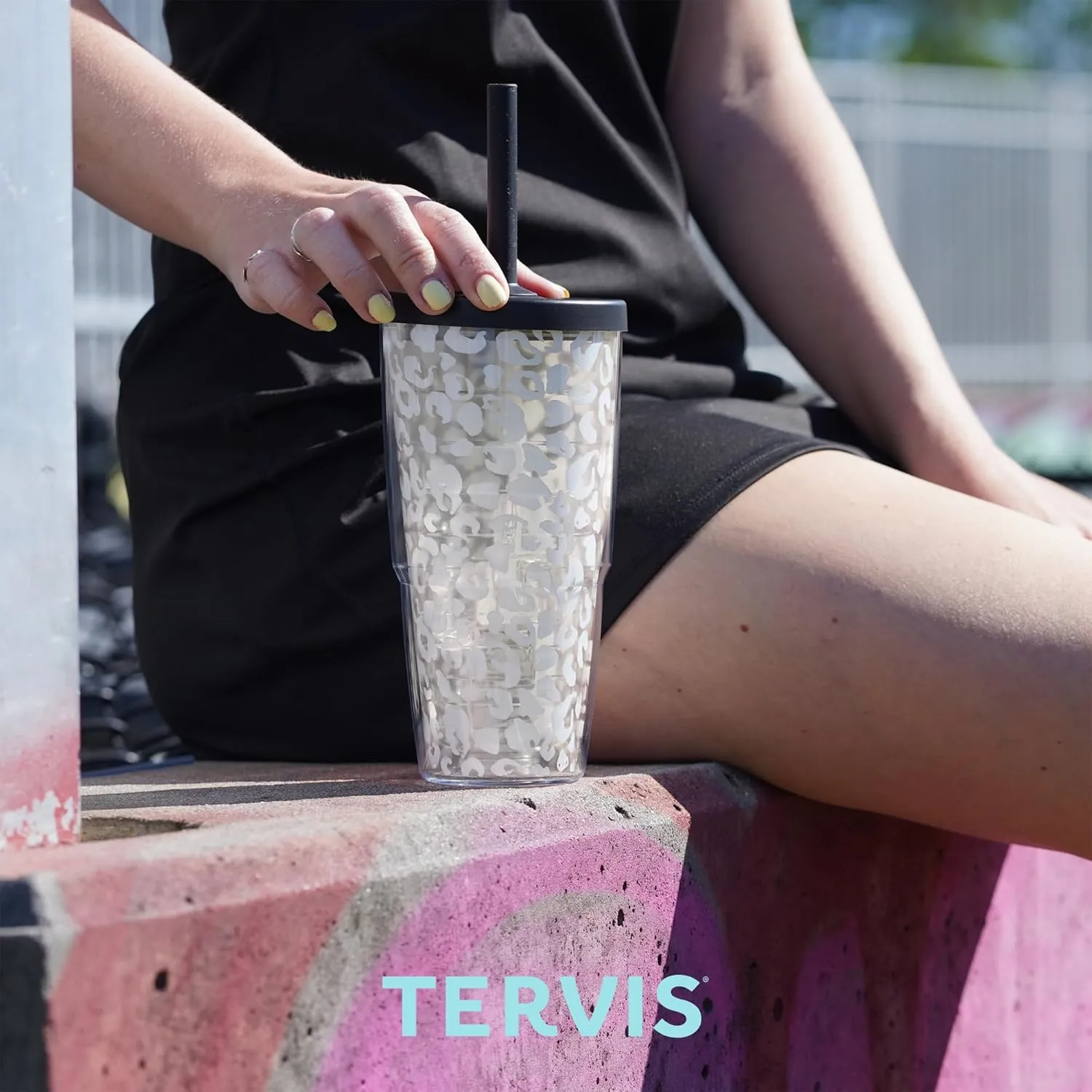 Tervis Clear & Colorful Made in USA Double Walled Insulated Tumbler Travel Cup Keeps Drinks Cold & Hot, 24oz, Black Straw Lid