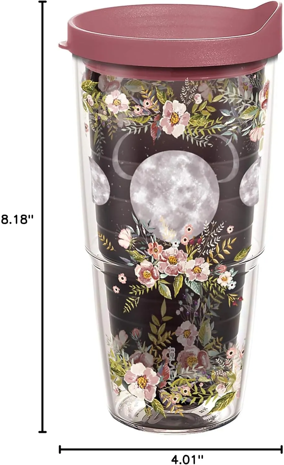 Tervis Floral Moon Phases Made in USA Double Walled Insulated Tumbler Travel Cup Keeps Drinks Cold & Hot, 24oz, Quartz