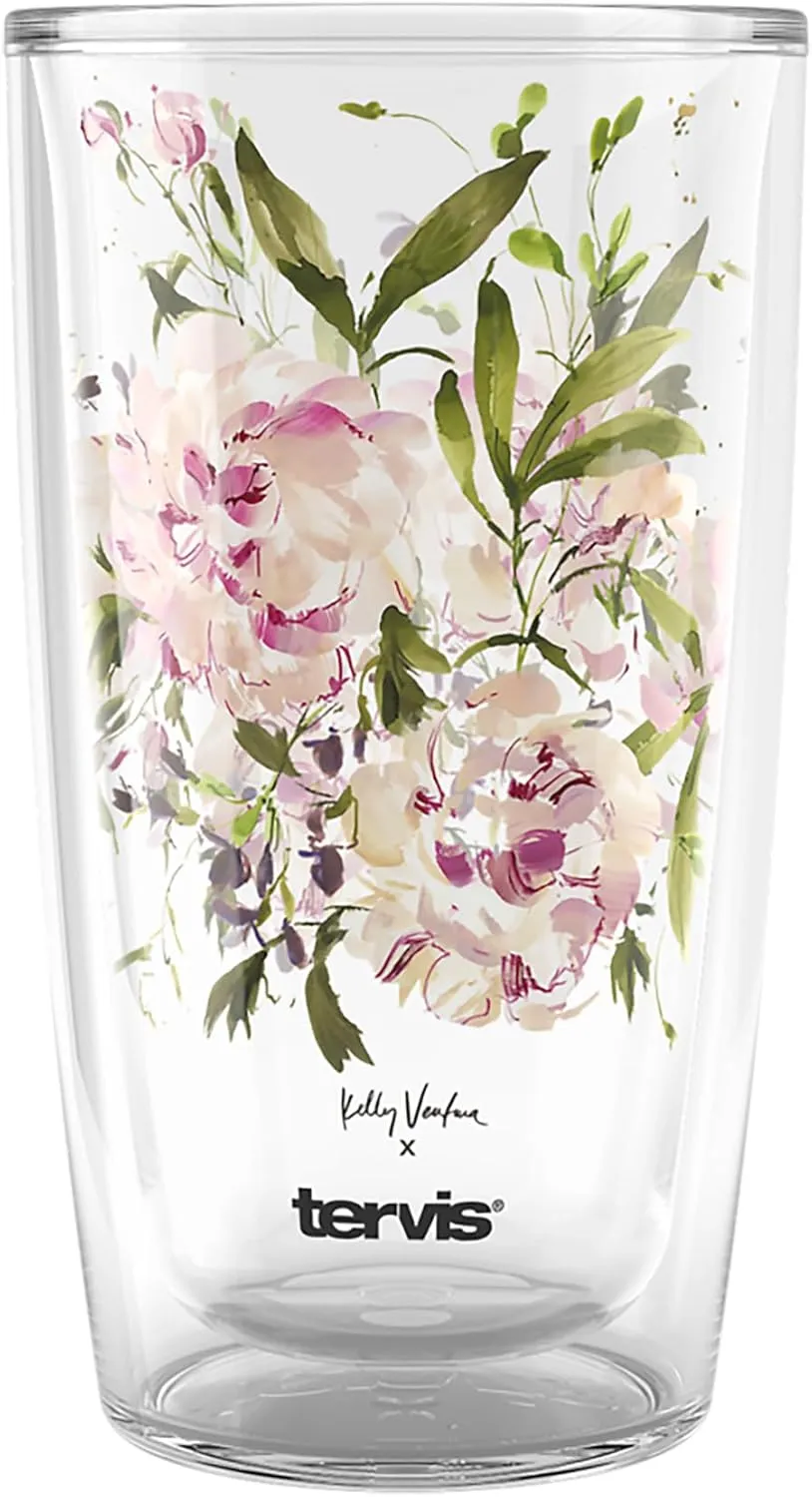 Tervis Kelly Ventura Floral Vista Crystal Collection Pink Peony Made in USA Double Walled Insulated Tumbler Travel Cup Keeps Drinks Cold & Hot, 16oz, Pink Peony