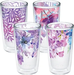 Tervis Made in USA Double Walled Watercolor Floral Purple - Crystal Insulated Tumbler Cup Keeps Drinks Cold & Hot, 16oz - 4pk, Assorted