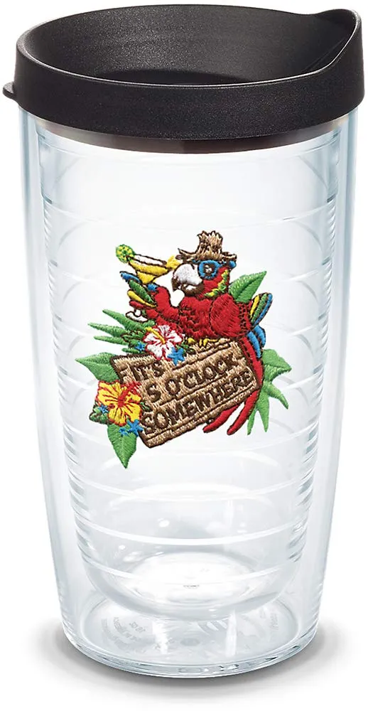 Tervis Margaritaville - It's 5 O'Clock Somewhere - Red Parrot Made in USA Double Walled Insulated Tumbler Travel Cup Keeps Drinks Cold & Hot, 16oz - Black Lid, Red Parrot