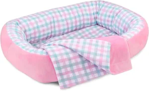 The Ashton-Drake Galleries Reversible Pink & Plaid Bassinet Baby Doll Accessory with A Matching Blanket