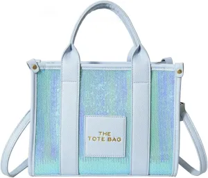 The Tote Bag for Women,Shining Leather Tote Bag with Zipper,Trendy Sequin Crossbody Purse,Top Handle Handbags,Blue