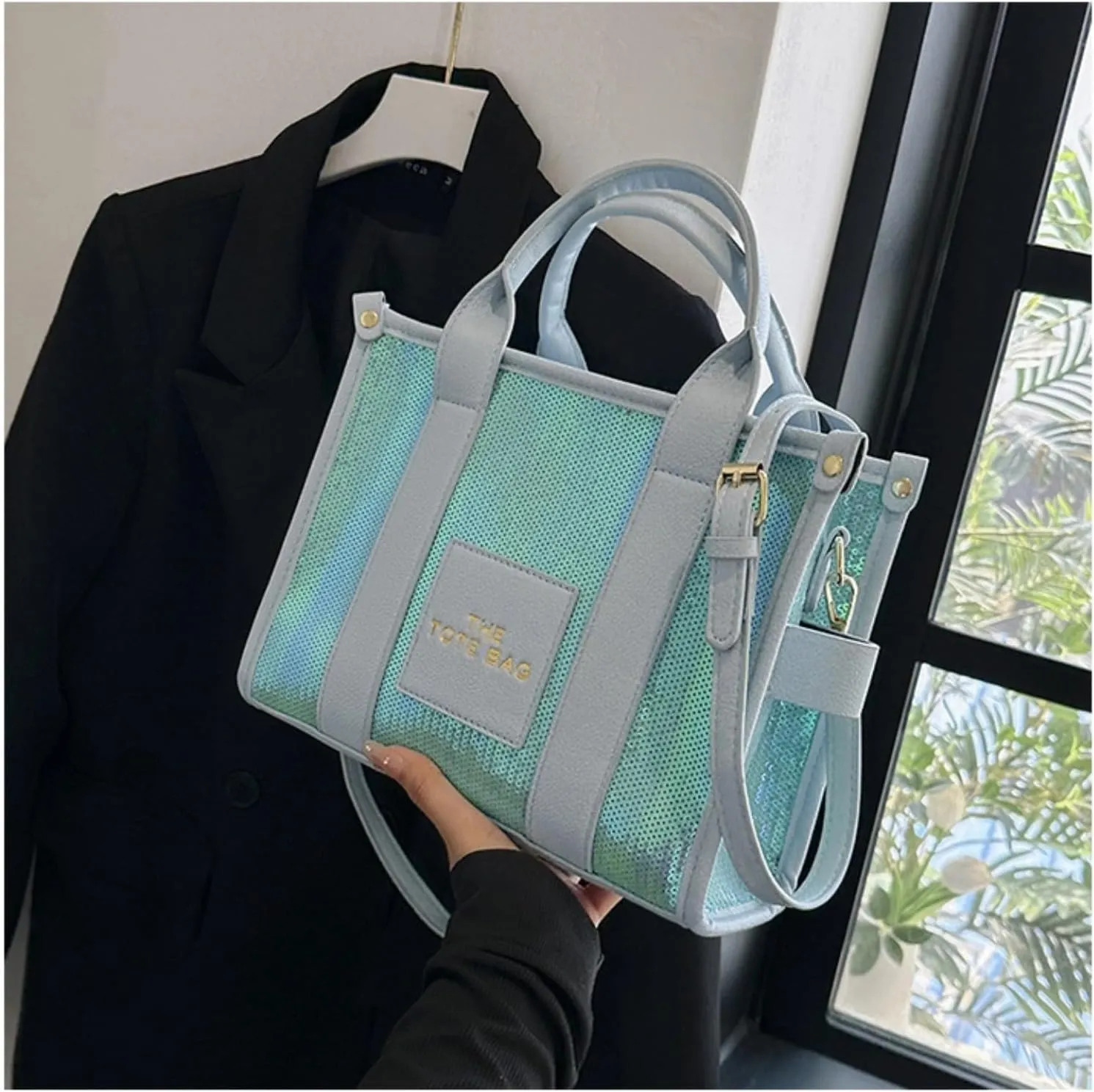The Tote Bag for Women,Shining Leather Tote Bag with Zipper,Trendy Sequin Crossbody Purse,Top Handle Handbags,Blue
