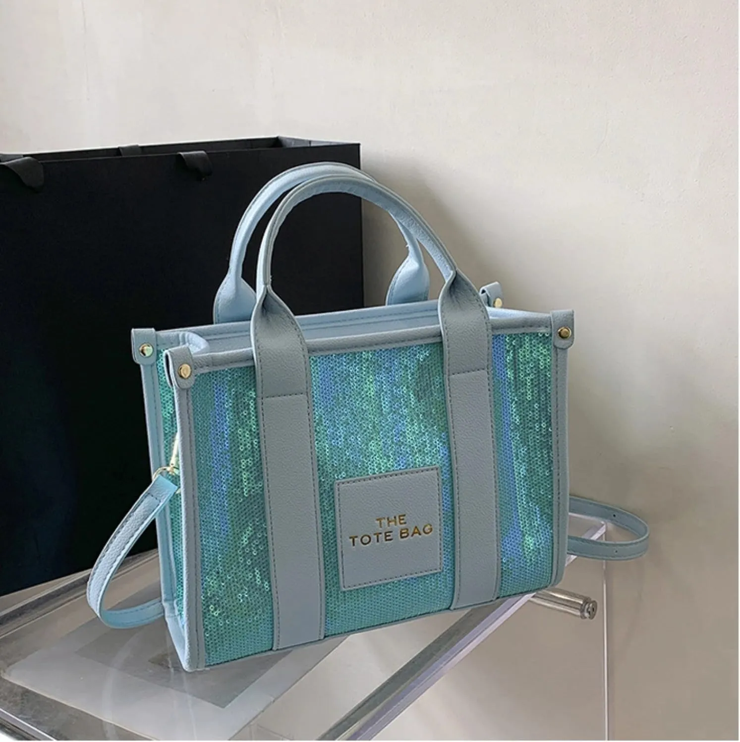 The Tote Bag for Women,Shining Leather Tote Bag with Zipper,Trendy Sequin Crossbody Purse,Top Handle Handbags,Blue
