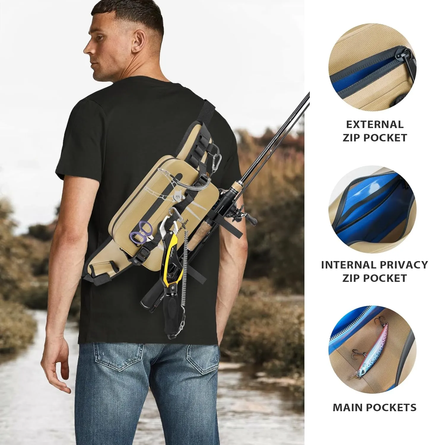 THKFISH Waterproof Fishing Waist Pack with Fishing Rod Holder, Fishing Tackle Bag with Adjustable Strap, Airtight Zipper Closure, Lightweight Sling Fishing Waist Bag for Fly Fishing, Brown