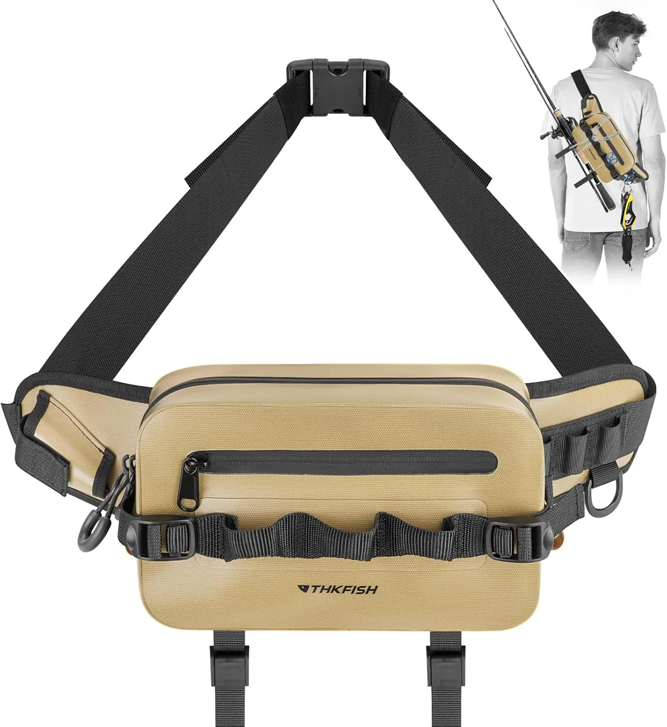 THKFISH Waterproof Fishing Waist Pack with Fishing Rod Holder, Fishing Tackle Bag with Adjustable Strap, Airtight Zipper Closure, Lightweight Sling Fishing Waist Bag for Fly Fishing, Brown