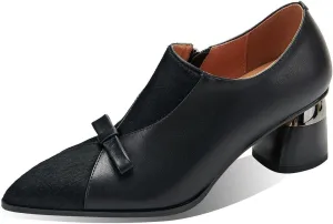 TinaCus Women's Genuine Leather Bowknot Side Zip Patchwork Pointed Toe Pumps Shoes