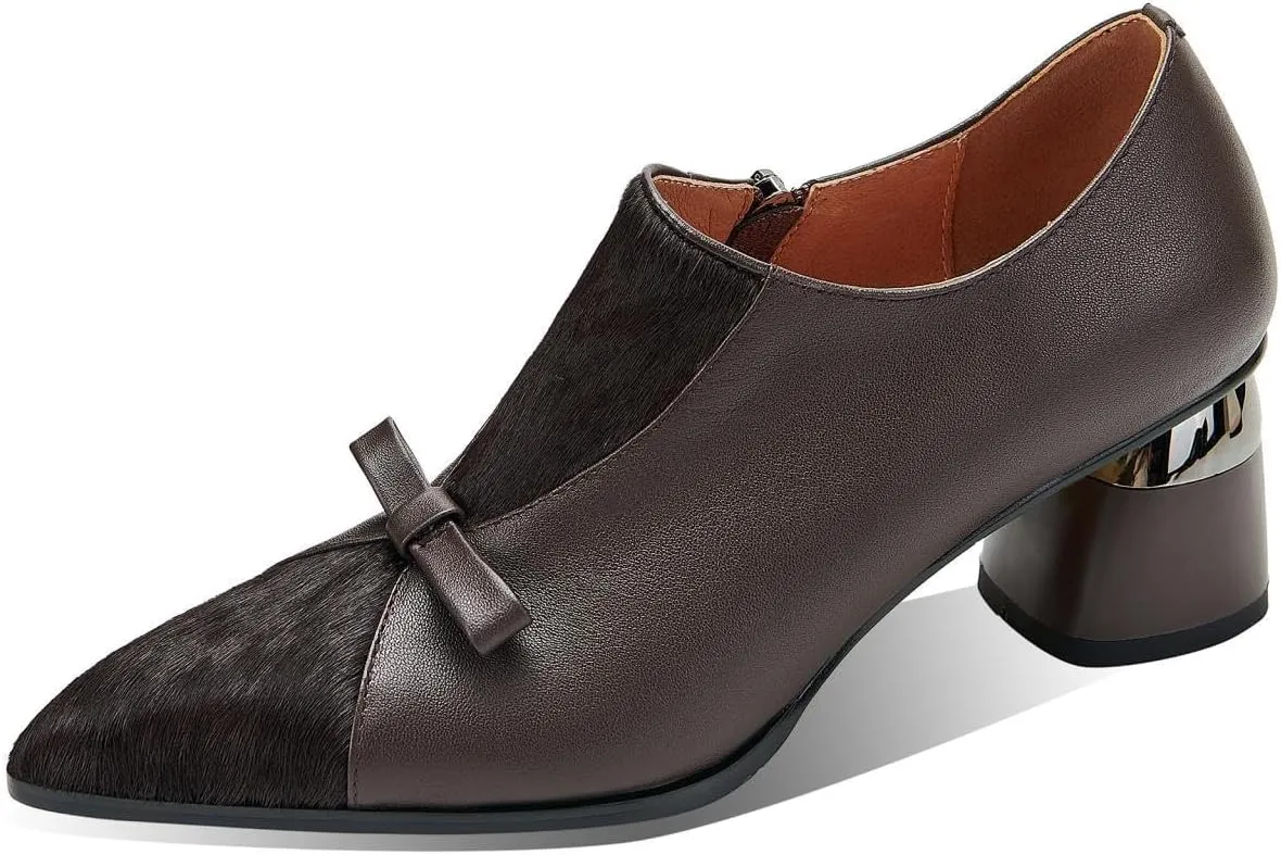 TinaCus Women's Genuine Leather Bowknot Side Zip Patchwork Pointed Toe Pumps Shoes