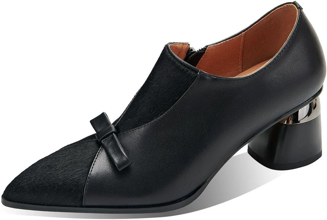 TinaCus Women's Genuine Leather Bowknot Side Zip Patchwork Pointed Toe Pumps Shoes