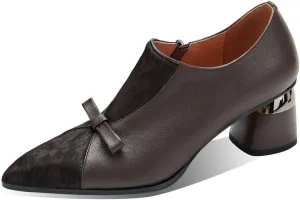 TinaCus Women's Genuine Leather Bowknot Side Zip Patchwork Pointed Toe Pumps Shoes