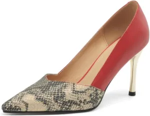 TinaCus Women's Genuine Leather Handmade Pointed Toe Patchwork Printed Snakeskin Pumps Shoes