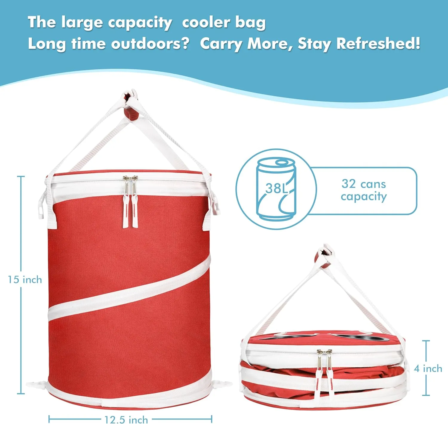 Tirrinia Large Pop-Up Cooler Bag- Insulated Collapsible Cooler with Flat Drink Table, Lightweight and Portable Ice Round Cooler for Travel, Fishing, Picnics, Hiking, Camping and Beach,Black