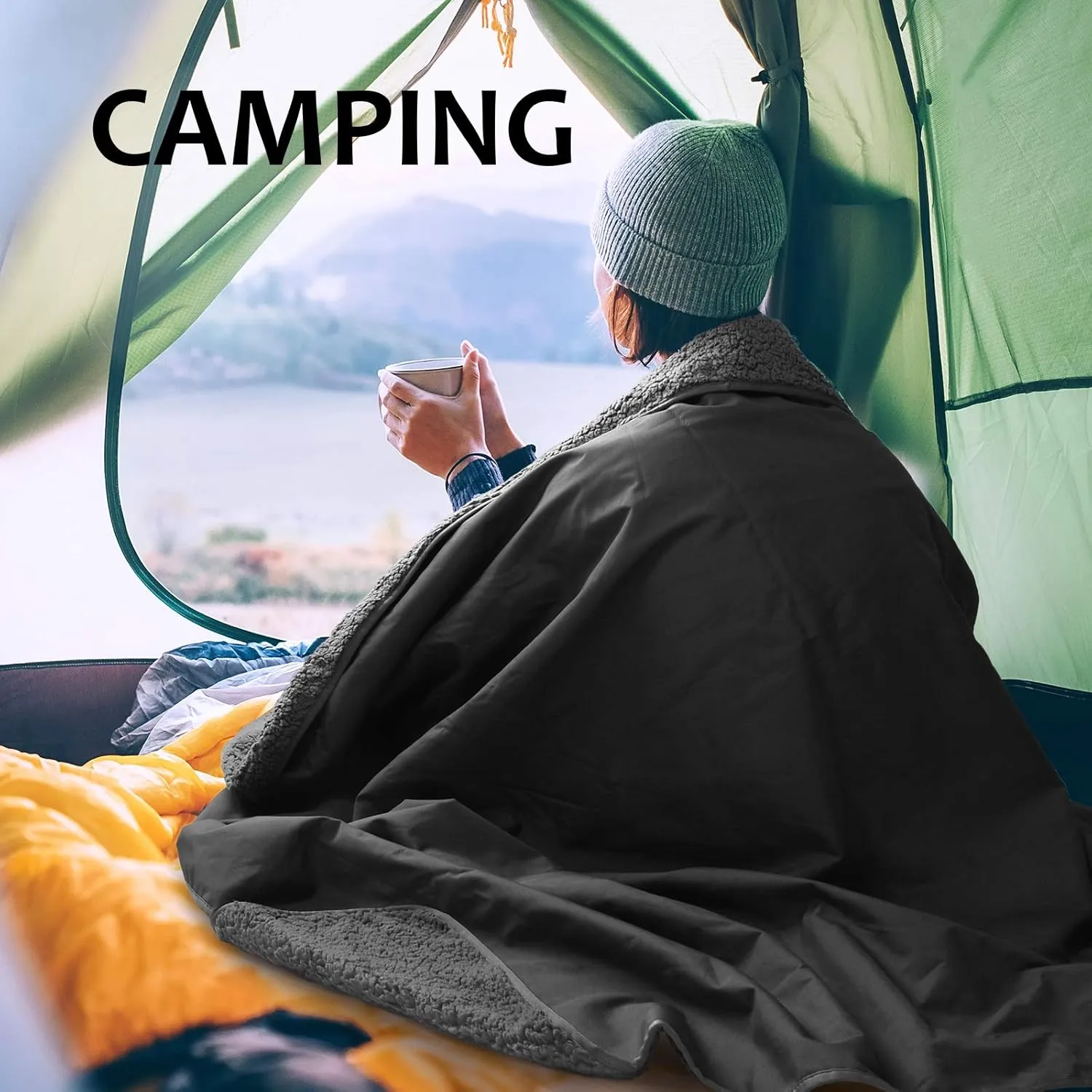 Tirrinia Outdoors Waterproof Camping Blanket,Sherpa Fleece Warm Windproof Soccer Stadium Blanket for Car Football Beach Concerts,51''X 59''