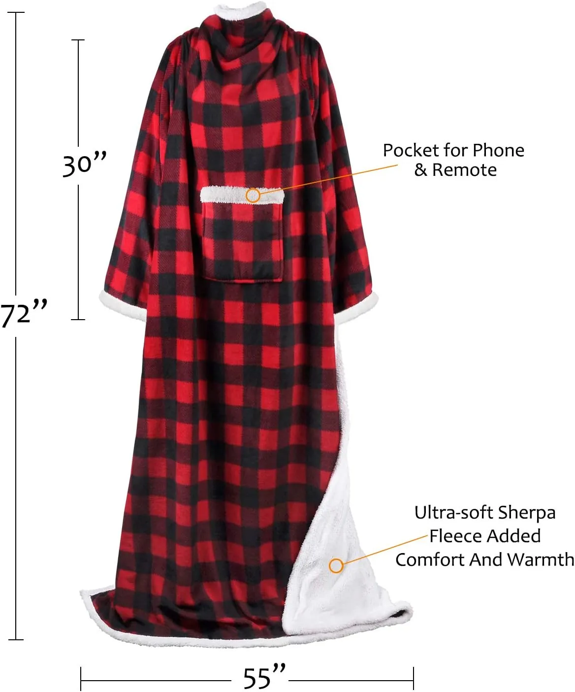 Tirrinia Red Buffalo Plaid Sherpa Wearable Blanket for Adult Women and Men, Super Soft Comfy Warm Plush Throw with Sleeves TV Blanket Wrap Robe Cover for Sofa, Couch 72" x 55"