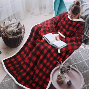 Tirrinia Red Buffalo Plaid Sherpa Wearable Blanket for Adult Women and Men, Super Soft Comfy Warm Plush Throw with Sleeves TV Blanket Wrap Robe Cover for Sofa, Couch 72" x 55"