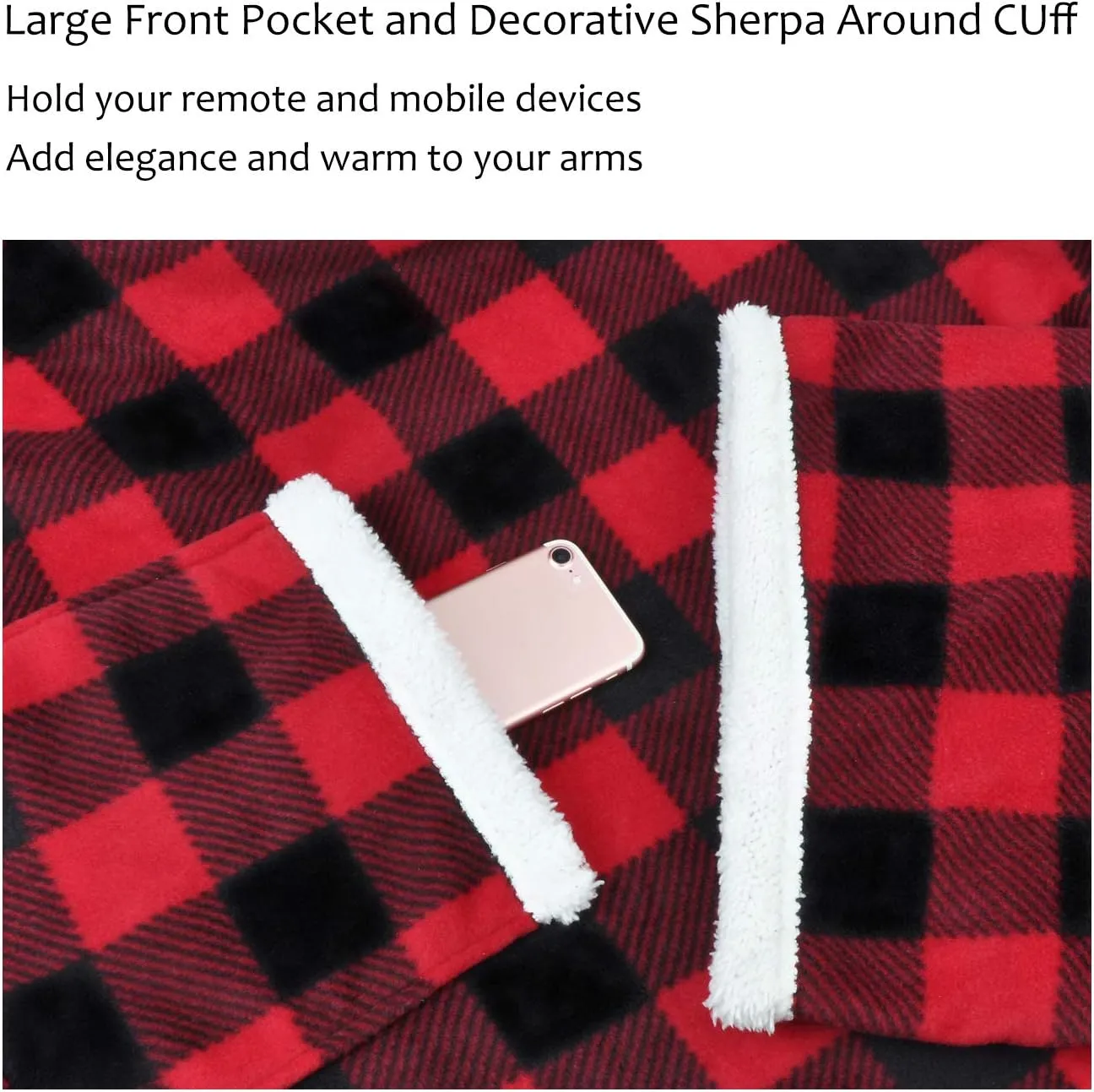 Tirrinia Red Buffalo Plaid Sherpa Wearable Blanket for Adult Women and Men, Super Soft Comfy Warm Plush Throw with Sleeves TV Blanket Wrap Robe Cover for Sofa, Couch 72" x 55"