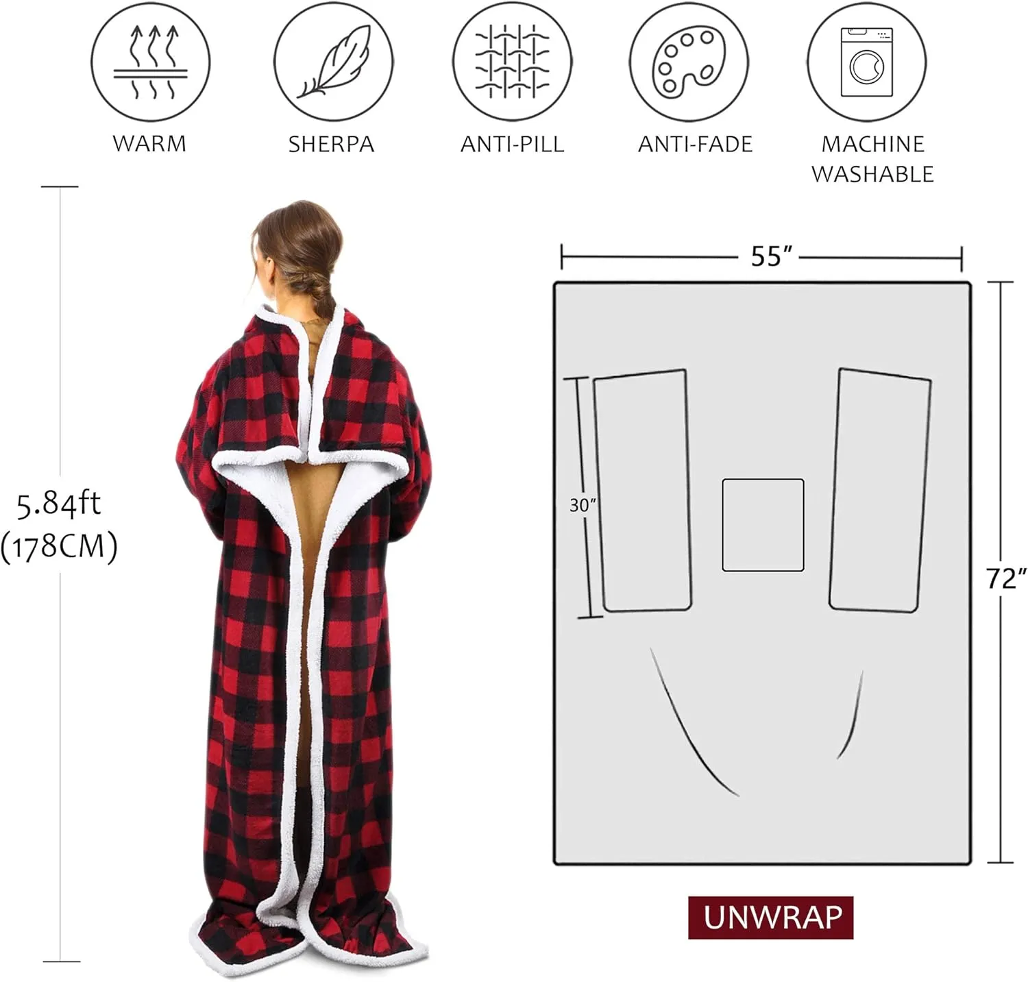 Tirrinia Red Buffalo Plaid Sherpa Wearable Blanket for Adult Women and Men, Super Soft Comfy Warm Plush Throw with Sleeves TV Blanket Wrap Robe Cover for Sofa, Couch 72" x 55"