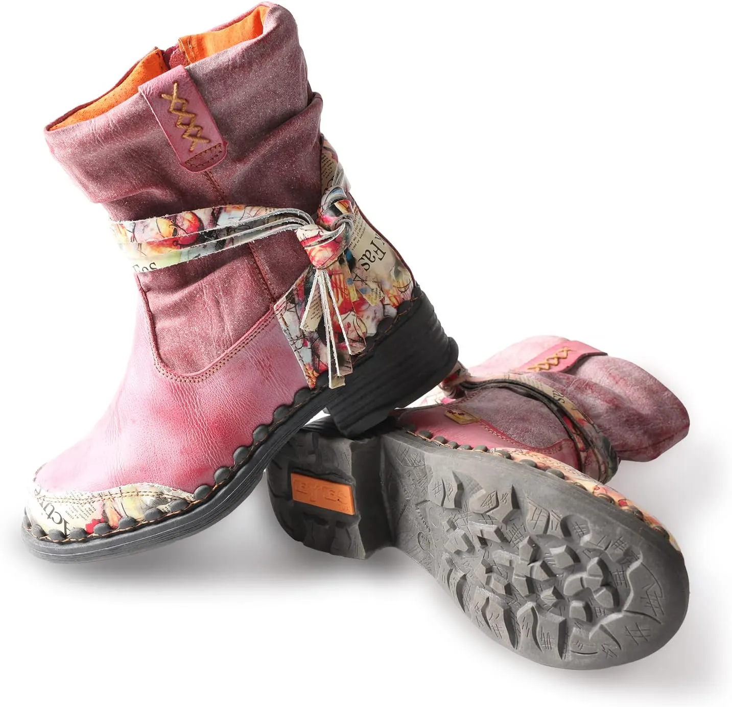 TMA EYES Distressed Tie-Accent Faux Fur Lining Side Zip Women's Snow Boots