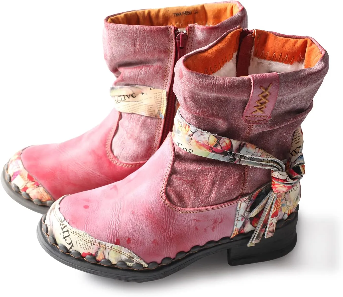 TMA EYES Distressed Tie-Accent Faux Fur Lining Side Zip Women's Snow Boots