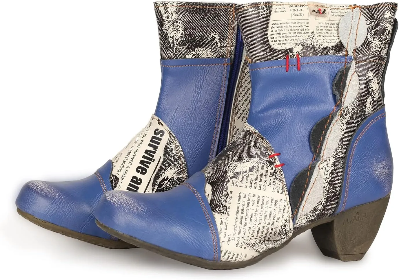 TMA EYES Newsprint Patchwork Leather Women's Heel Boots