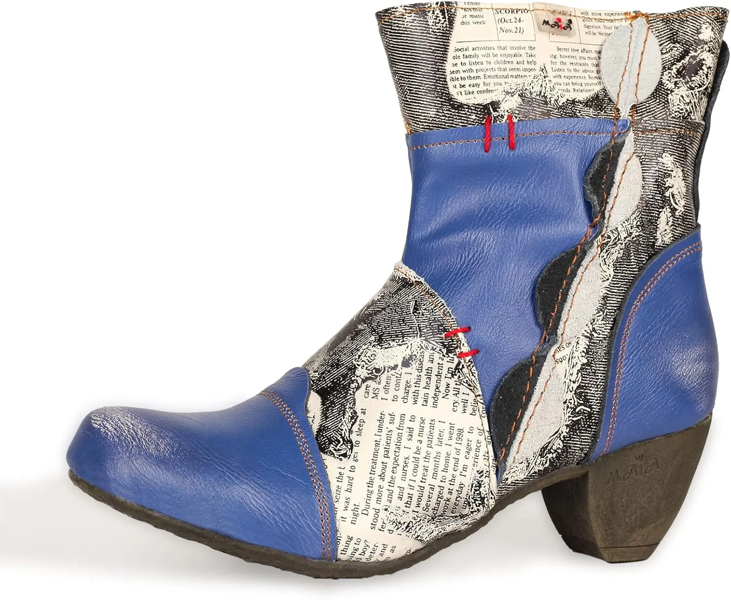 TMA EYES Newsprint Patchwork Leather Women's Heel Boots